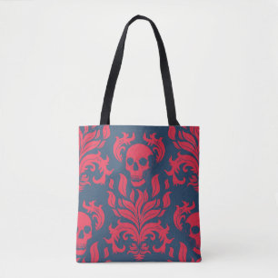 Skull Flame Damask in clashing red on blue Tote Bag