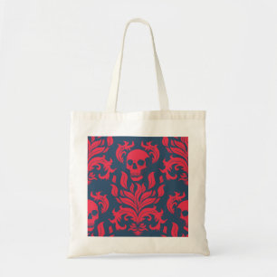Skull Flame Damask in clashing red on blue Tote Bag