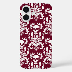 Skull Flame Damask in crisp white on deep red iPhone 16 Case