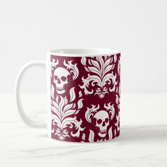 Skull Flame Damask in crisp white on deep red Coffee Mug (Left)
