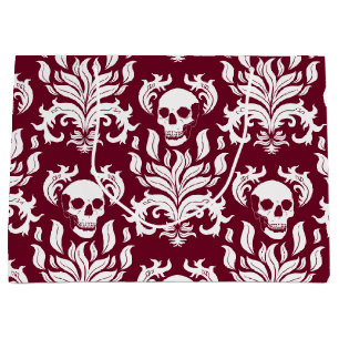 Skull Flame Damask in crisp white on deep red Large Gift Bag
