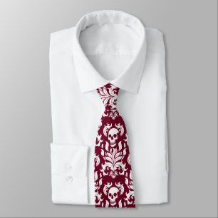 Skull Flame Damask in crisp white on deep red Tie