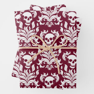 Skull Flame Damask in crisp white on deep red Wrapping Paper Sheet