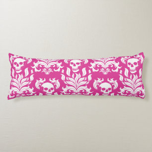 Skull Flame Damask in crisp white on hot pink Body Cushion