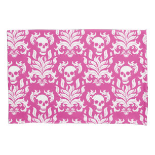 Skull Flame Damask in crisp white on hot pink Pillowcase