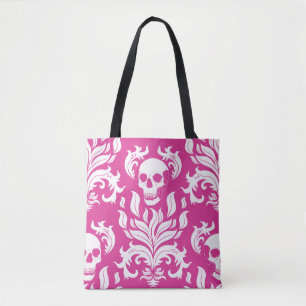Skull Flame Damask in crisp white on hot pink Tote Bag