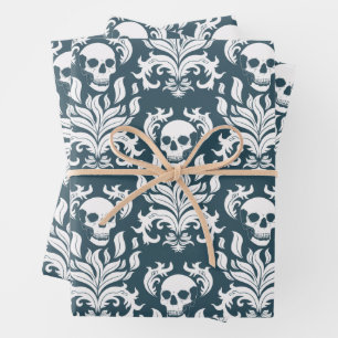 Skull Flame Damask in crisp white on slaty blue Wrapping Paper Sheet