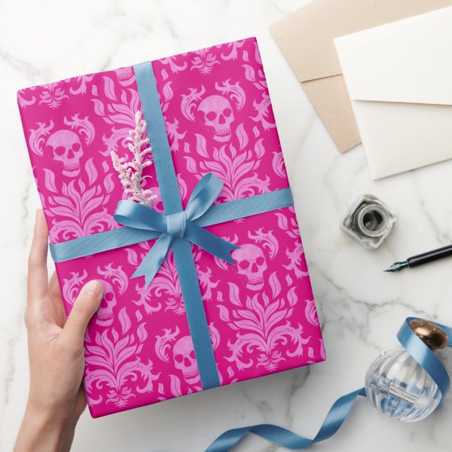 Skull Flame Damask in glitter-effect pink on pink Wrapping Paper (Gifting)