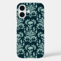 Skull Flame Damask in mint green on deep blue