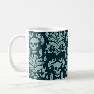 Skull Flame Damask in mint green on deep blue Coffee Mug