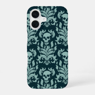 Skull Flame Damask in mint green on deep blue iPhone 16 Case