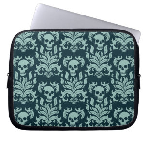 Skull Flame Damask in mint green on deep blue Laptop Sleeve
