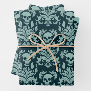Skull Flame Damask in mint green on deep blue Wrapping Paper Sheet