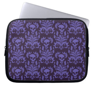 Skull Flame Damask in moody shades of purple Laptop Sleeve