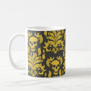 Skull Flame Damask in moody yellow on dark grey Coffee Mug
