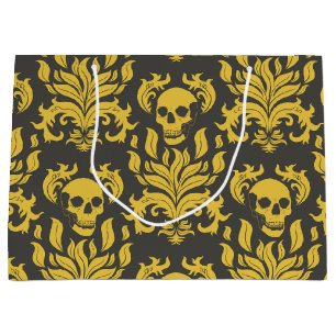 Skull Flame Damask in moody yellow on dark grey Large Gift Bag