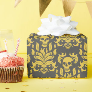 Skull Flame Damask in moody yellow on dark grey Wrapping Paper