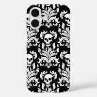 Skull Flame Damask in stark white on black