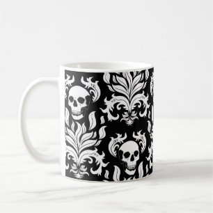 Skull Flame Damask in stark white on black Coffee Mug