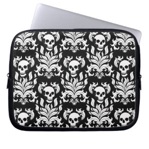 Skull Flame Damask in stark white on black Laptop Sleeve