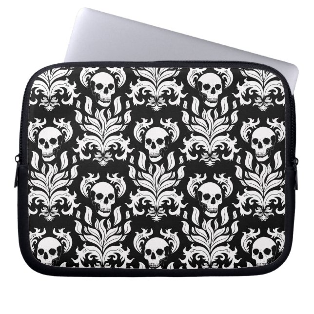Skull Flame Damask in stark white on black Laptop Sleeve (Front)