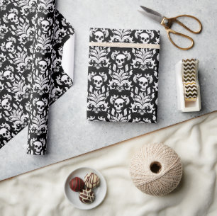 Skull Flame Damask in stark white on black Wrapping Paper