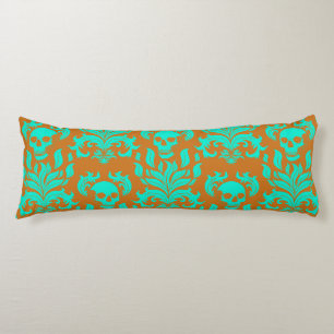 Skull Flame Damask in toxic green on orange Body Cushion
