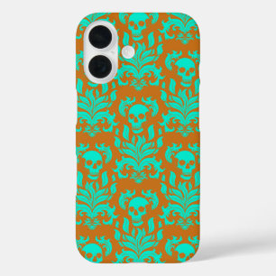 Skull Flame Damask in toxic green on orange iPhone 16 Case