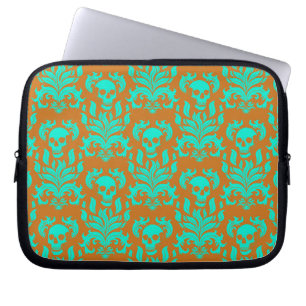 Skull Flame Damask in toxic green on orange Laptop Sleeve