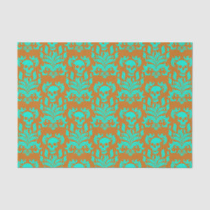 Skull Flame Damask in toxic green on orange Tissue Paper