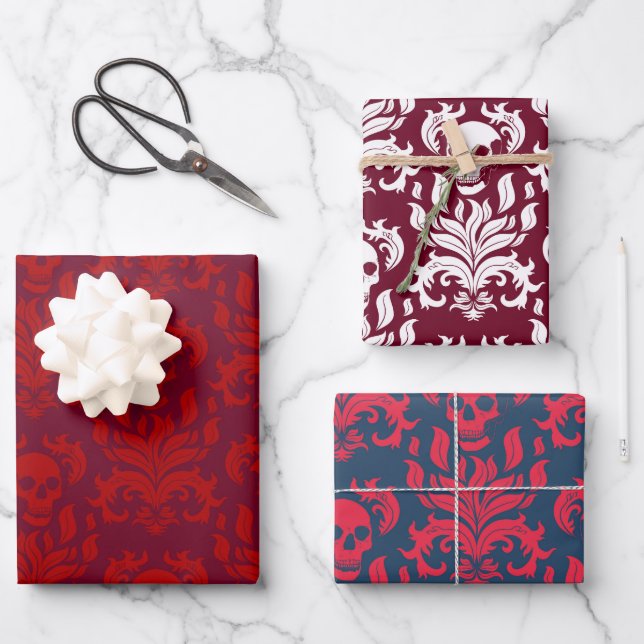 Skull Flame Damask reds collection Wrapping Paper Sheet (Front)