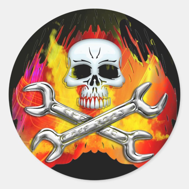 Skull Flames and Crossed Chrome Wrenches Classic Round Sticker (Front)