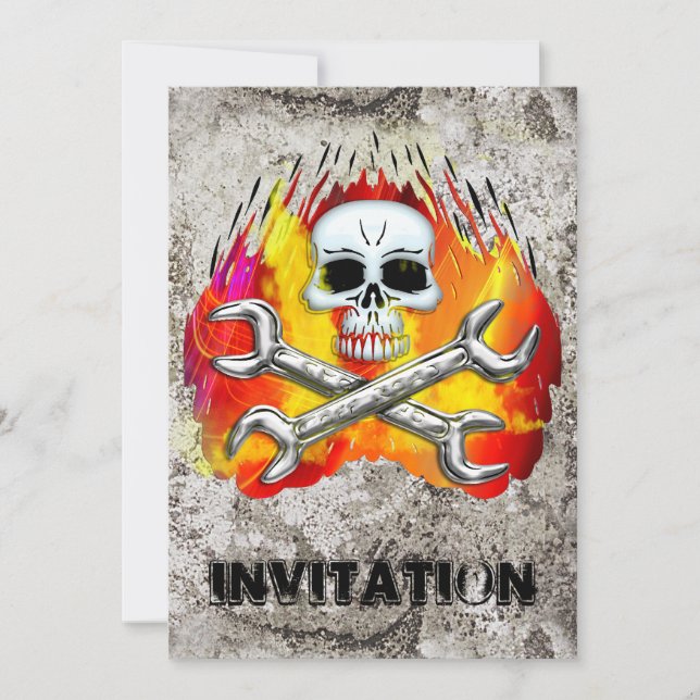 Skull Flames and Crossed Chrome Wrenches Invitation (Front)