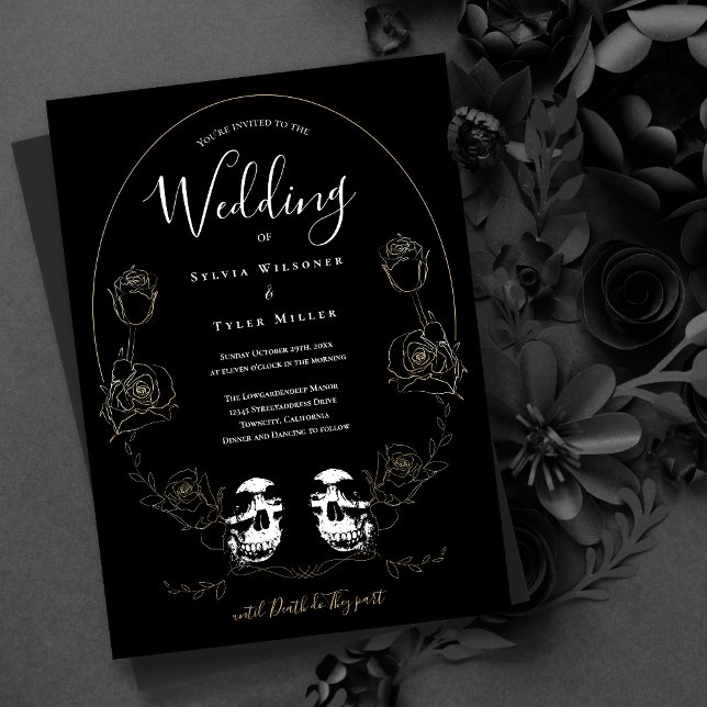 Skull Floral Black Gothic Wedding Invitation (Set the mood for your wedding with this skull wedding invite.)