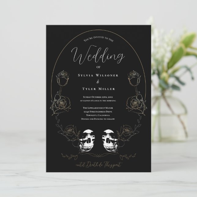 Skull Floral Black Wedding Invitation (Standing Front)