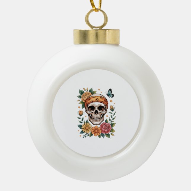 Skull Floral Halloween Spooky Ceramic Ball Christmas Ornament (Front)