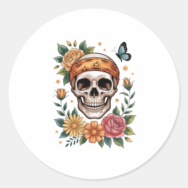 Skull Floral Halloween Spooky Classic Round Sticker (Front)