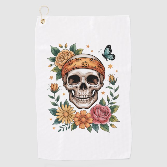 Skull Floral Halloween Spooky Golf Towel (Front)