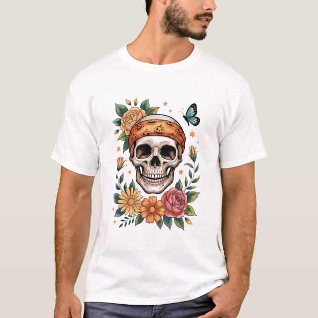 Skull Floral Halloween Spooky T-Shirt (Front)