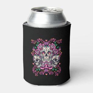 Skull floral, skeleton watercolor pink ,Halloween. Can Cooler