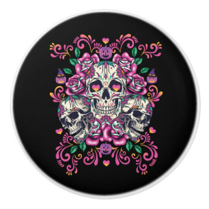 Skull floral, skeleton watercolor pink ,Halloween. Ceramic Knob
