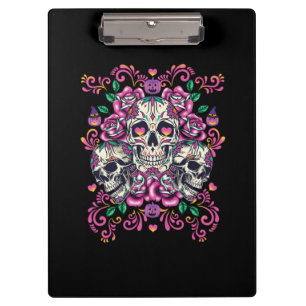 Skull floral, skeleton watercolor pink ,Halloween. Clipboard