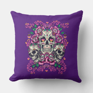 Skull floral, skeleton watercolor pink ,Halloween. Cushion
