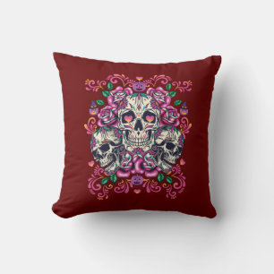Skull floral, skeleton watercolor pink ,Halloween. Cushion