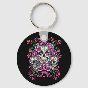 Skull floral, skeleton watercolor pink ,Halloween. Key Ring