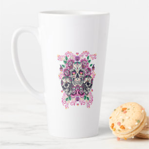 Skull floral, skeleton watercolor pink ,Halloween Latte Mug