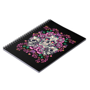 Skull floral, skeleton watercolor pink ,Halloween. Notebook