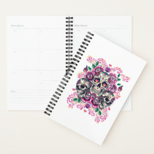 Skull floral, skeleton watercolor pink ,Halloween. Planner