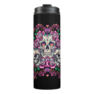 Skull floral, skeleton watercolor pink ,Halloween. Thermal Tumbler