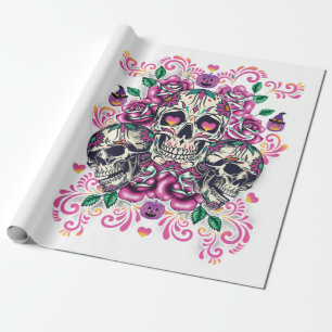 Skull floral, skeleton watercolor pink ,Halloween. Wrapping Paper